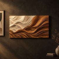Rectangular carved wave panel with flowing ridges from light to dark on a dark charcoal plaster wall