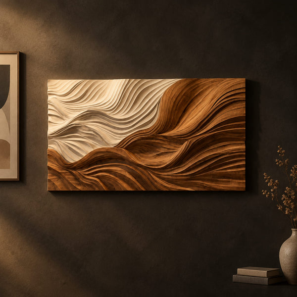 Carved Wave Relief Wall Art With Flowing Light And Dark Ridges