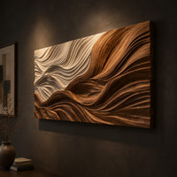 Rectangular carved wave panel with flowing ridges from light to dark, three-quarter view showing the carved depth