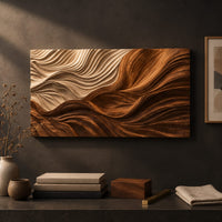 Detail of rectangular carved wave panel with flowing ridges from light to dark beside wood, brass and linen samples