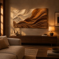 Rectangular carved wave panel with flowing ridges from light to dark above a low console in an evening living room