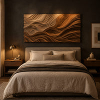 Rectangular carved wave panel with flowing ridges from light to dark above a bed in a dusk lit bedroom