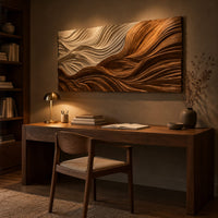 Rectangular carved wave panel with flowing ridges from light to dark above a desk in a dark study corner