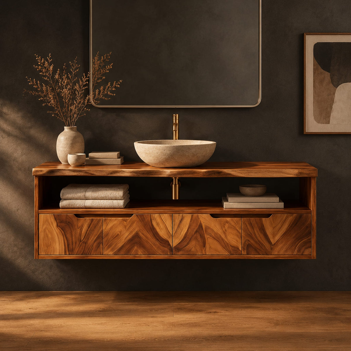 Floating cabinet with open shelf above four chevron grain fronts in a dark studio against a charcoal plaster wall