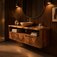 Floating cabinet with open shelf above four chevron grain fronts in an evening bathroom with walnut wall paneling