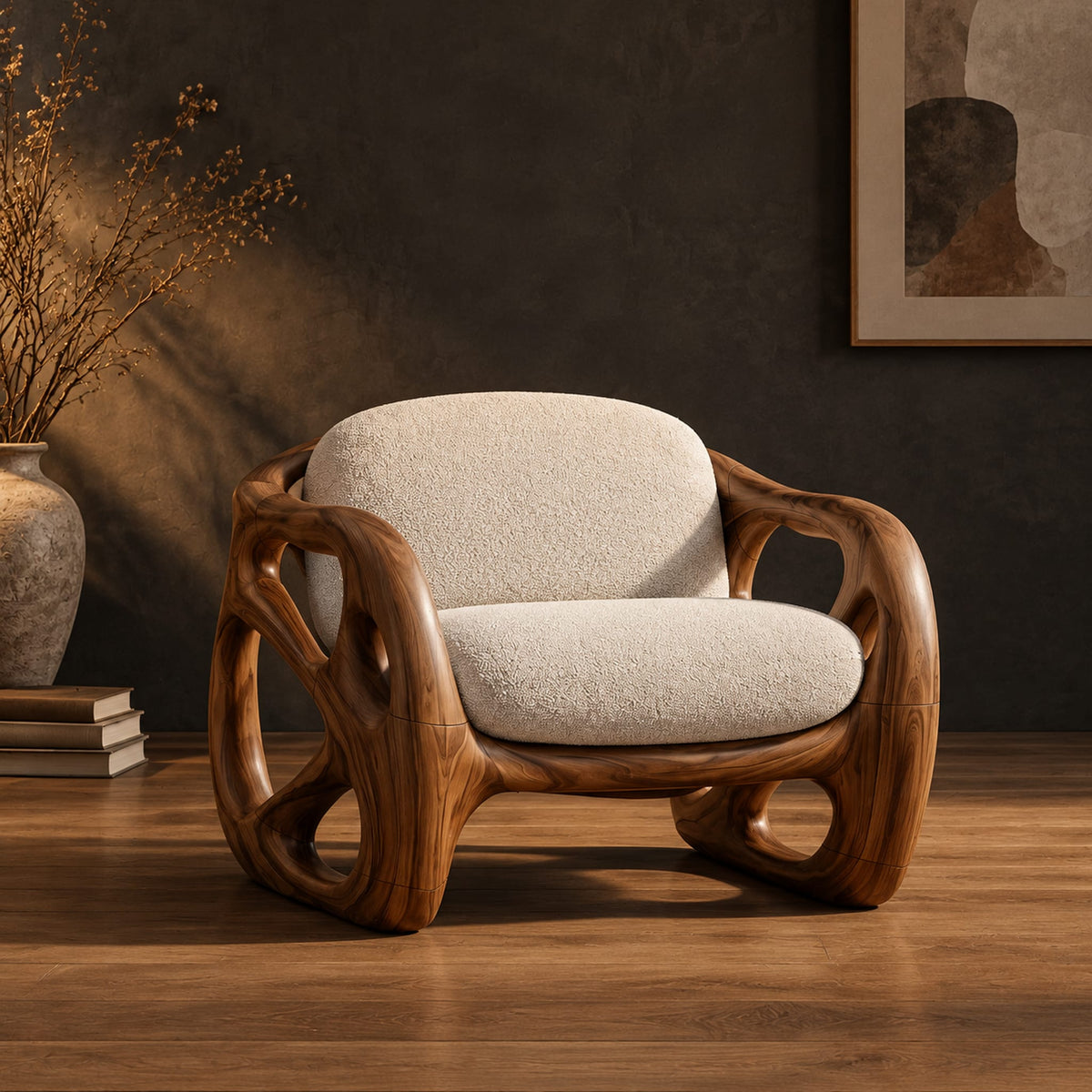 Chair with a chunky sculpted frame, large oval cutouts and a pillow back in a dark studio against a charcoal plaster wall