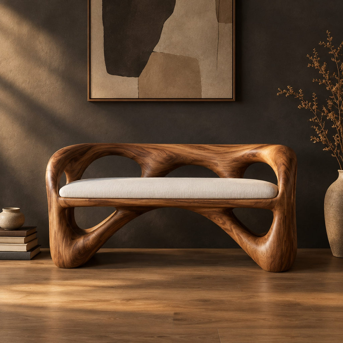 Bench with a looped wooden frame, cutout back and cream cushion in a dark studio against a charcoal plaster wall