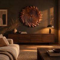 Circular wall art with spiral petal carving and a ruffled edge above a low console in an evening living room