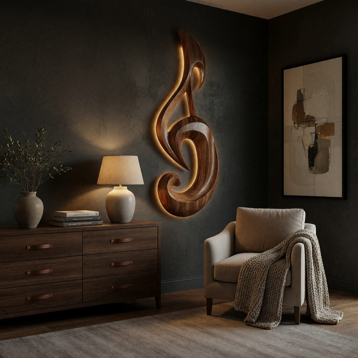 Carved wooden musical note wall sculpture on a dark charcoal plaster wall