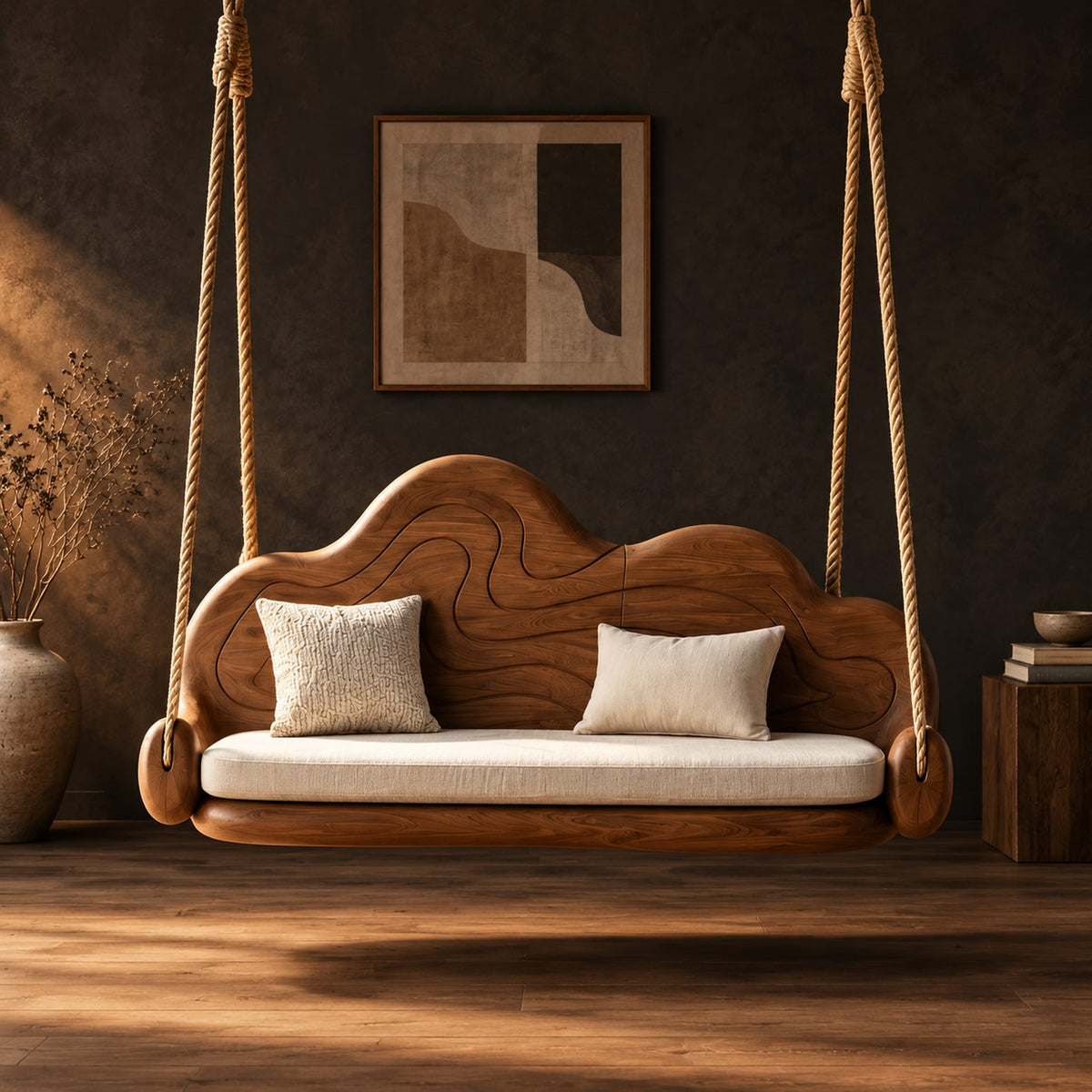 Cloud shaped swing with a carved wavy backrest and cream seat cushion in a dark studio against a charcoal plaster wall