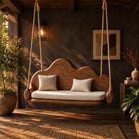 Cloud shaped swing with a carved wavy backrest and cream seat cushion in a dark porch at golden hour