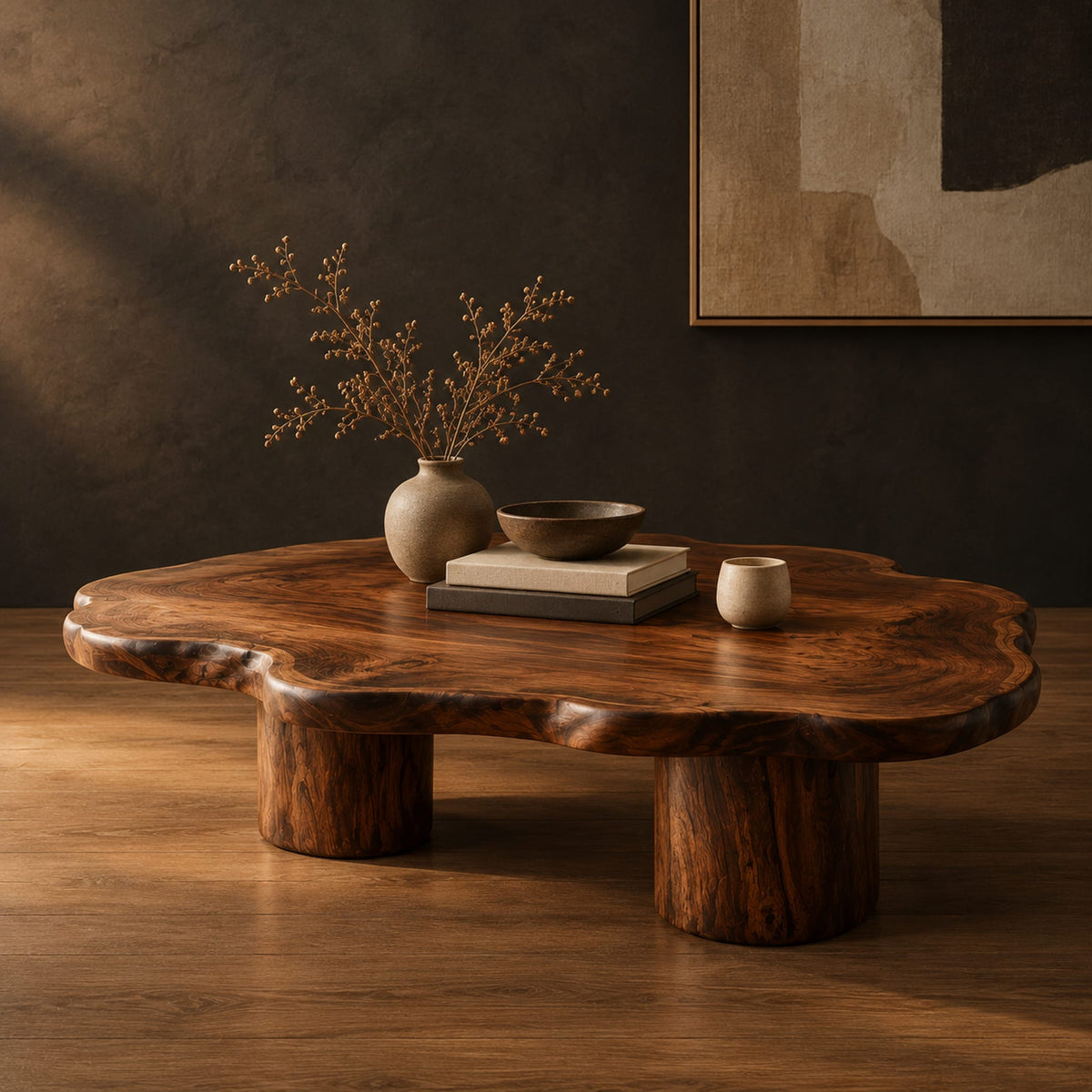 Low coffee table with a cloud shaped wavy top on thick cylinder legs in a dark studio against a charcoal plaster wall