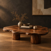 Low coffee table with a cloud shaped wavy top on thick cylinder legs in a dark studio against a charcoal plaster wall