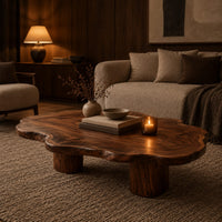 Low coffee table with a cloud shaped wavy top on thick cylinder legs in an evening living room with walnut wall paneling
