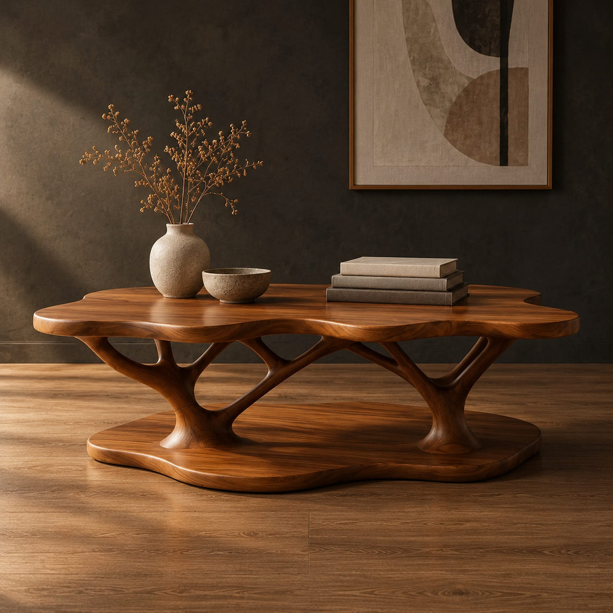 Coffee table with a cloud shaped top and branching legs in a dark studio against a charcoal plaster wall