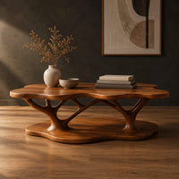 Coffee table with a cloud shaped top and branching legs in a dark studio against a charcoal plaster wall
