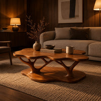 Coffee table with a cloud shaped top and branching legs in an evening living room with walnut wall paneling