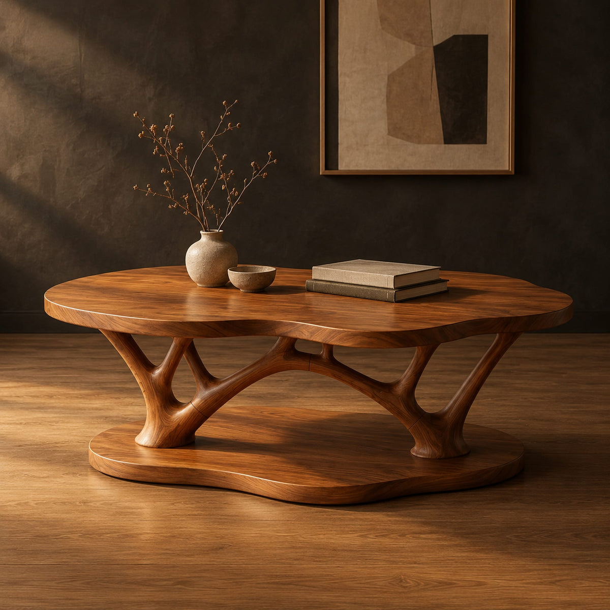 Cloud shaped coffee table with forked branch legs over a matching shaped base in a dark studio against a charcoal plaster wall