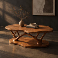 Cloud shaped coffee table with forked branch legs over a matching shaped base, three-quarter view showing the grain