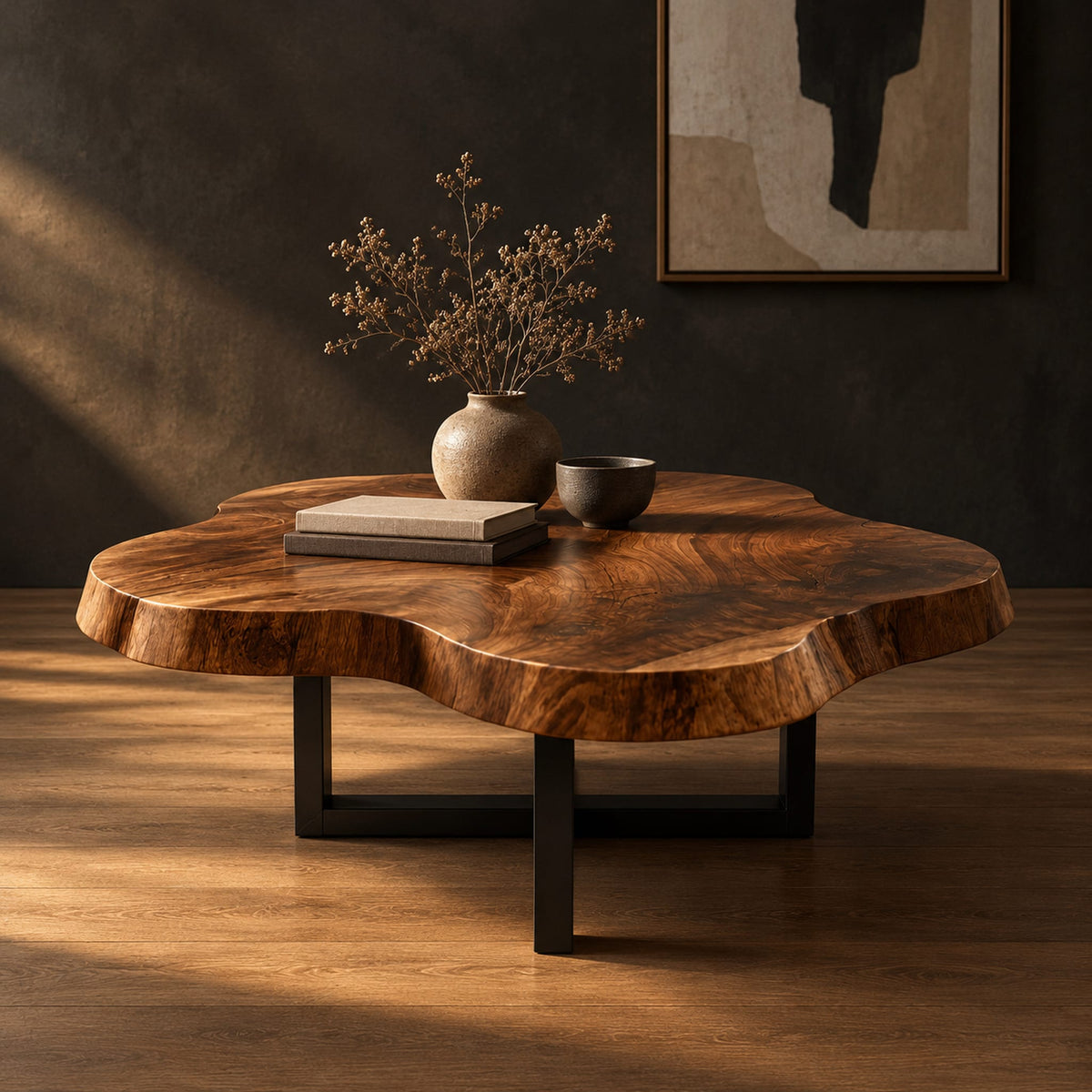 Cloud shaped coffee table with a thick slab top on a slim cross base in a dark studio against a charcoal plaster wall