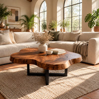 Cloud shaped coffee table with a thick slab top on a slim cross base in a bright living room with arched windows and plants