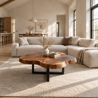 Cloud shaped coffee table with a thick slab top on a slim cross base in a bright open plan living room