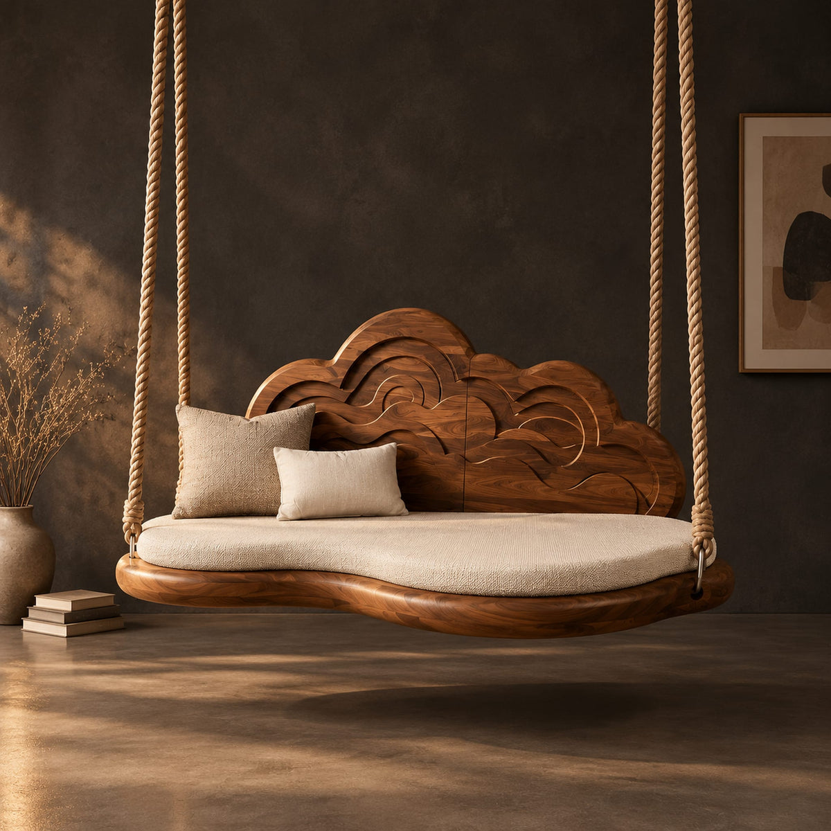Cloud shaped swing with a carved wave backrest and a cushioned seat in a dark studio against a charcoal plaster wall