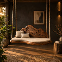 Cloud shaped swing with a carved wave backrest and a cushioned seat in a dark porch at golden hour