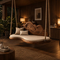 Cloud shaped swing with a carved wave backrest and a cushioned seat in an evening porch with walnut wall paneling