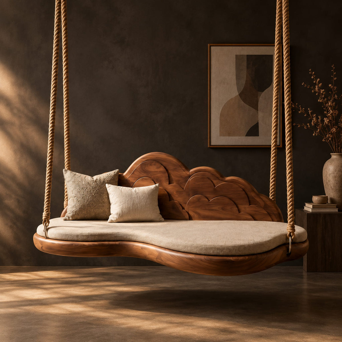 Cloud shaped swing with a scalloped carved back and a padded seat in a dark studio against a charcoal plaster wall