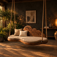 Cloud shaped swing with a scalloped carved back and a padded seat in a dark porch at golden hour