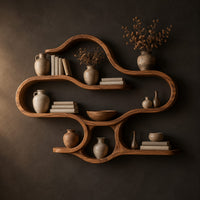 Cloud shaped wall shelves with soft open loops and several levels in a dark studio against a charcoal plaster wall