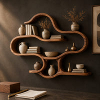 Corner detail of cloud shaped wall shelves with soft open loops and several levels beside wood, brass and linen samples