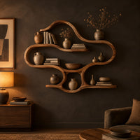 Cloud shaped wall shelves with soft open loops and several levels in a dark living room at golden hour