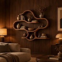 Cloud shaped wall shelves with soft open loops and several levels in an evening living room with walnut wall paneling