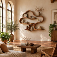 Cloud shaped wall shelves with soft open loops and several levels in a bright living room with arched windows and plants