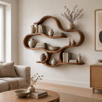 Cloud shaped wall shelves with soft open loops and several levels in a Scandinavian living room with white walls