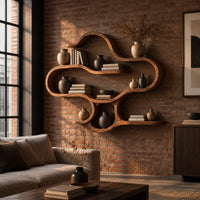 Cloud shaped wall shelves with soft open loops and several levels in an industrial loft living room with exposed brick