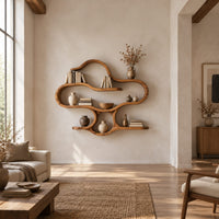 Cloud shaped wall shelves with soft open loops and several levels in a bright open plan living room
