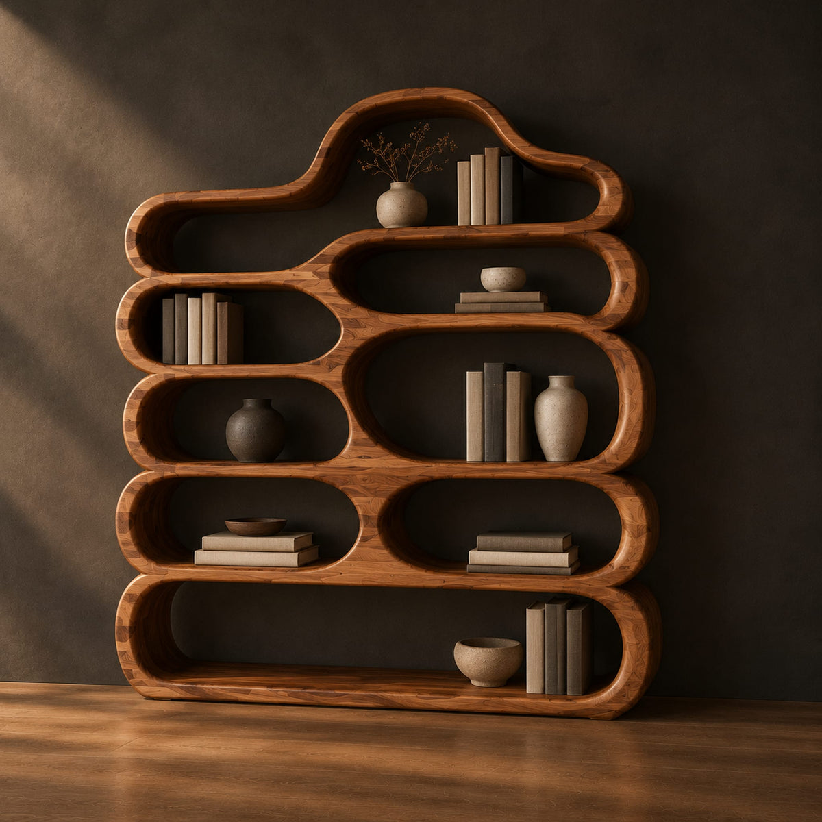 Wide wooden bookshelf with stacked pill shaped shelves and a cloud shaped top in a dark studio against a charcoal plaster wall