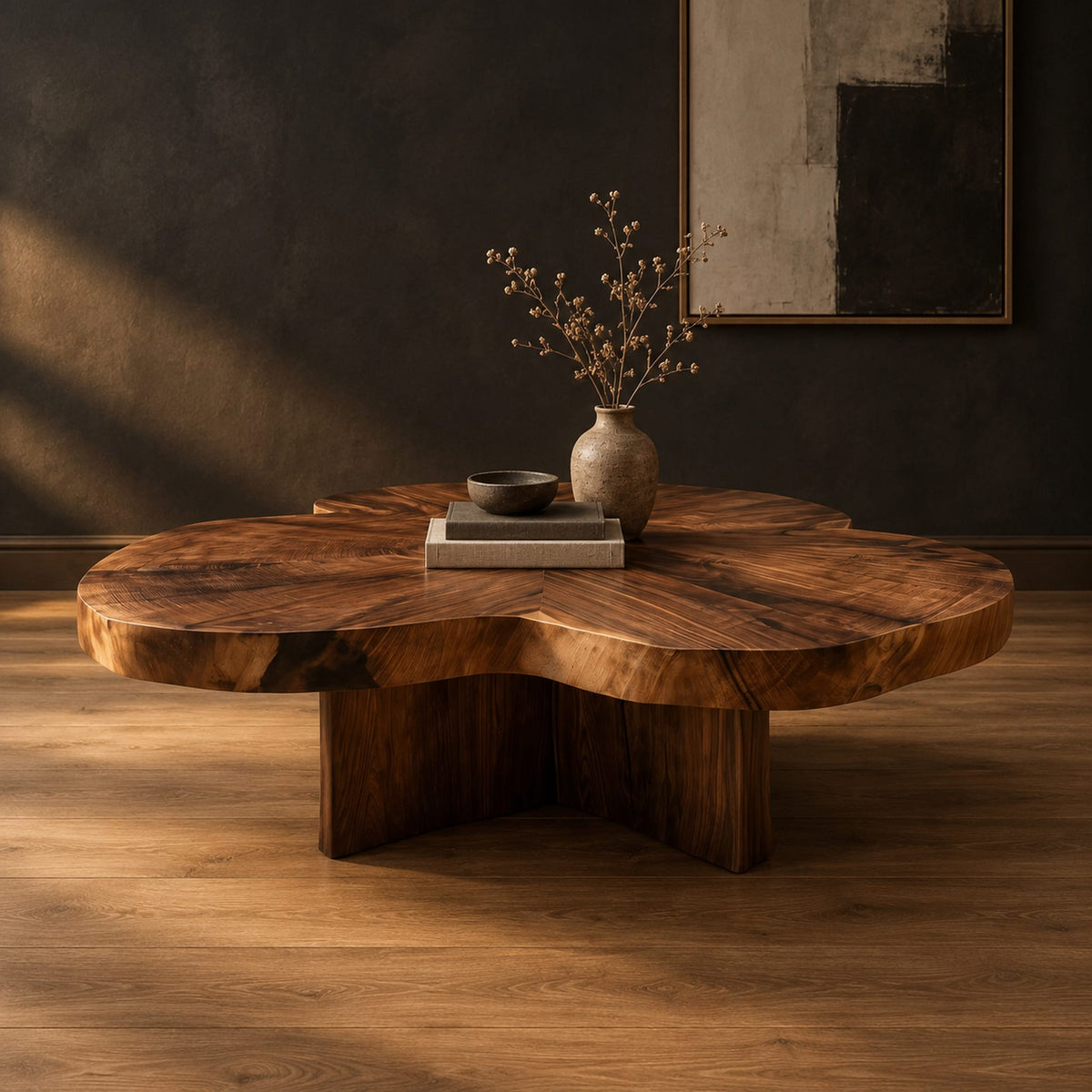 Clover shaped coffee table with a thick top and cross shaped pedestal in a dark studio against a charcoal plaster wall