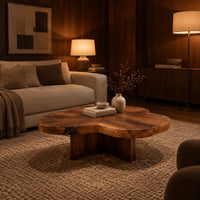 Clover shaped coffee table with a thick top and cross shaped pedestal in an evening living room with walnut wall paneling