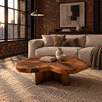 Clover shaped coffee table with a thick top and cross shaped pedestal in an industrial loft living room with exposed brick