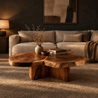 Clover shaped coffee table with three joined slabs on a three fin base in a dark living room at golden hour