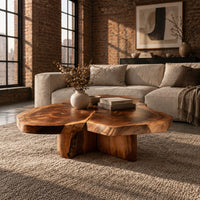 Clover shaped coffee table with three joined slabs on a three fin base in an industrial loft living room with exposed brick