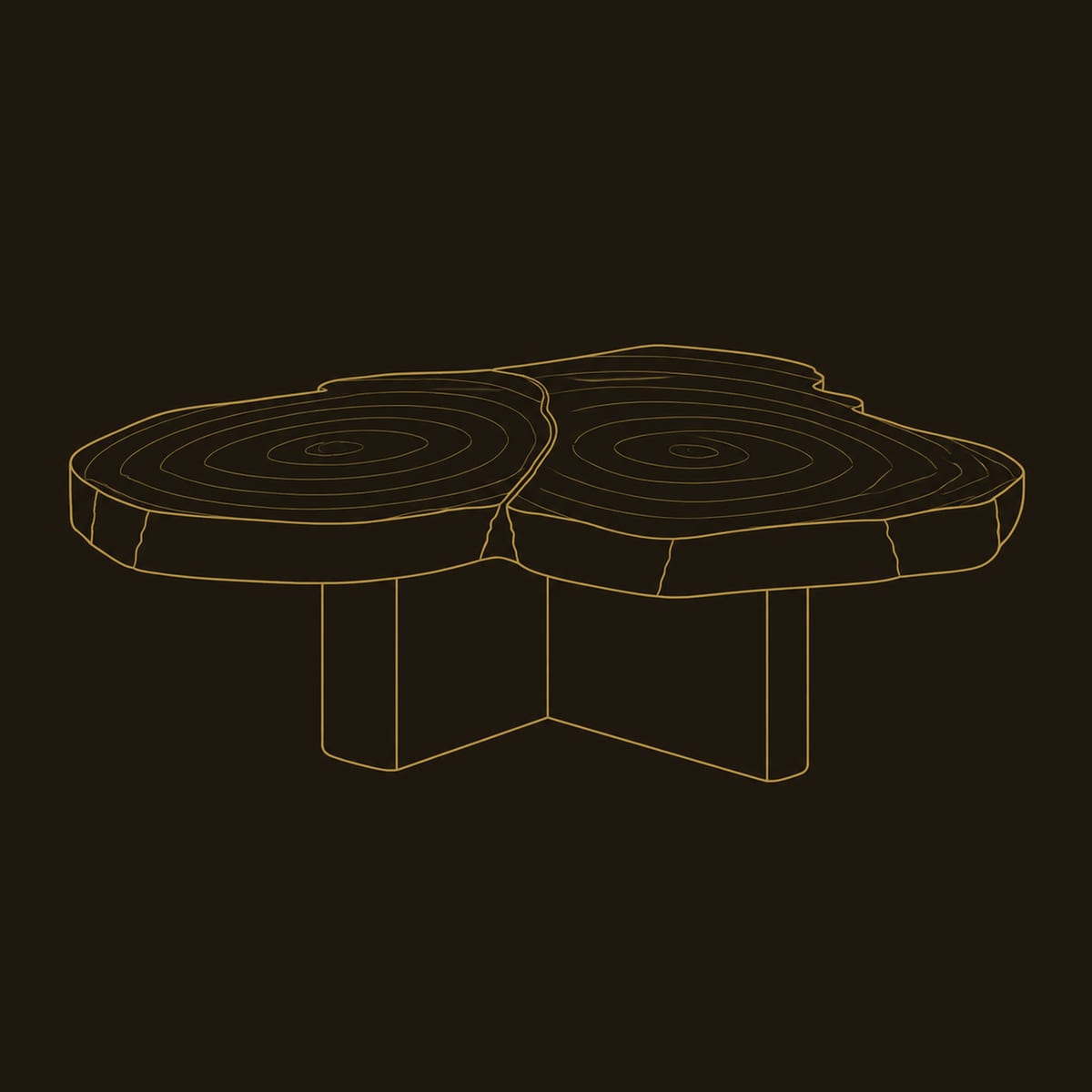 Clover Shaped Live Edge Coffee Table With Three Joined Slabs dimension diagram
