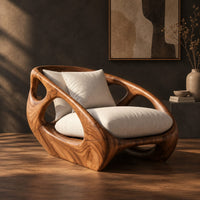 Chunky wooden chair with swirling grain and oval cutouts in the sides, three-quarter view showing the grain