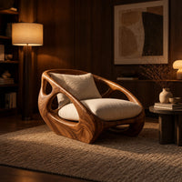 Chunky wooden chair with swirling grain and oval cutouts in the sides in an evening living room with walnut wall paneling