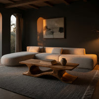Minimal coffee table with an S curve waist base in a living room at golden hour