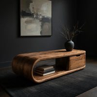 Long loop coffee table with a side drawer box, three-quarter view showing the grain